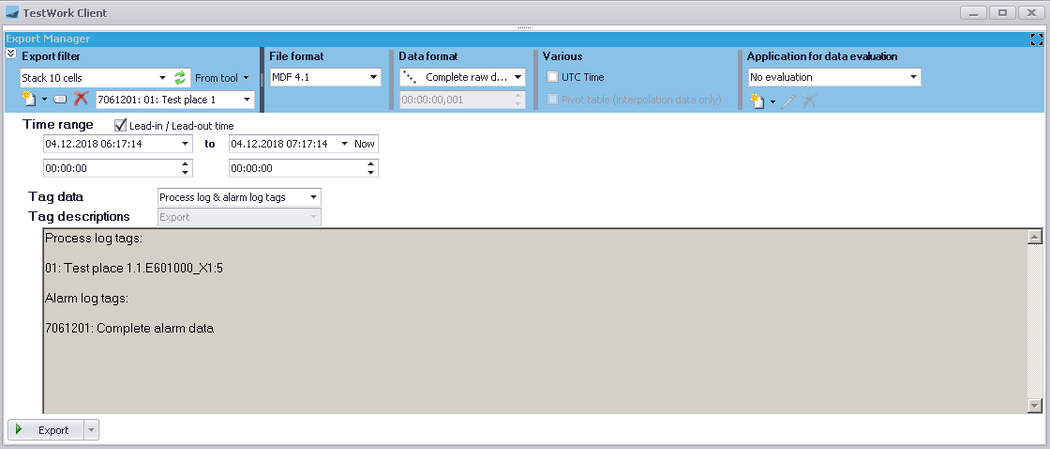 User Interface of Export Manager