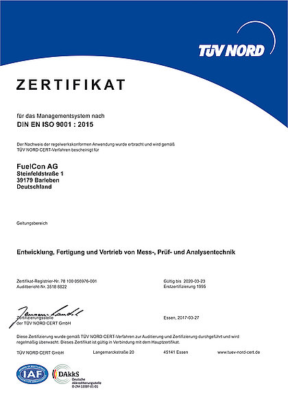 DIN EN ISO 9001 : 2015 certification for FuelCon AG