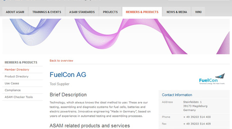 Screenshot der FuelCon AG Profilseite auf der ASAM Website 